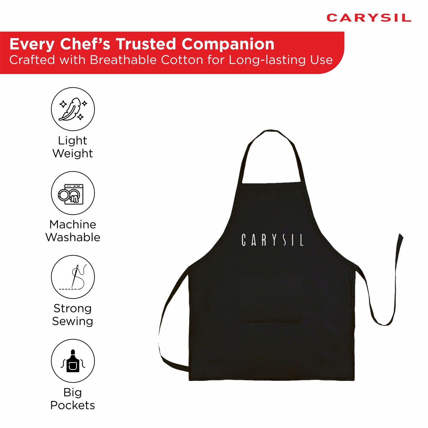 Carysil Premium 100% Cotton Apron with Front Center Pocket & Brand Embroidery, Machine Washable, Unisex Kitchen Apron for Home Use, Black Colour