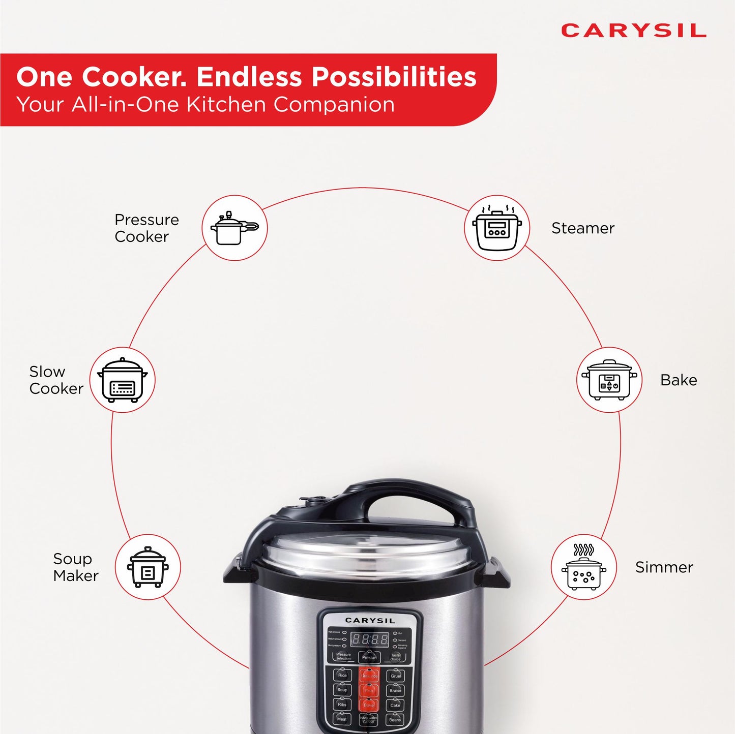 Carysil 11-in-1 Automatic Electric Pressure Cooker 6 L, 1 Year Warranty with 13 Indian Preset Menu, Instant Electric Cooker Pot, Multipurpose Rice Cooker (Stainless Steel)