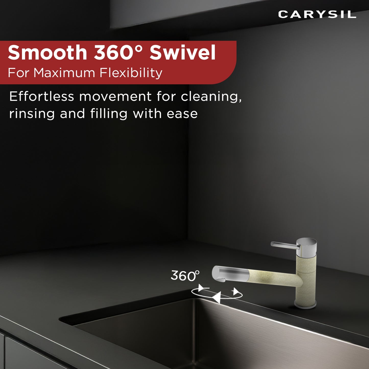 Carysil Alpha 1509 Modern Kitchen Faucet, 360-Degree Swivel Spout, Single-Lever Handle for Hot/Cold Water, Cornflakes, 5-Year Warranty