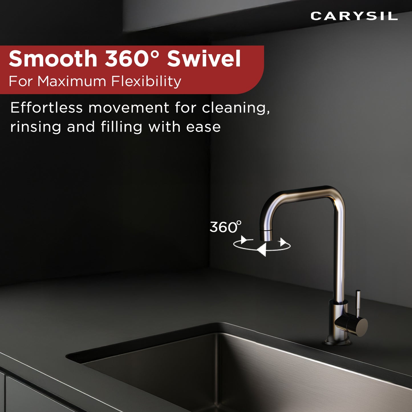 Carysil Alpha 2201 Modern Kitchen Faucet, High Arc with 360-Degree Swivel Spout, Single-Lever Handle for Hot/Cold Water, Chrome, 5-Year Warranty