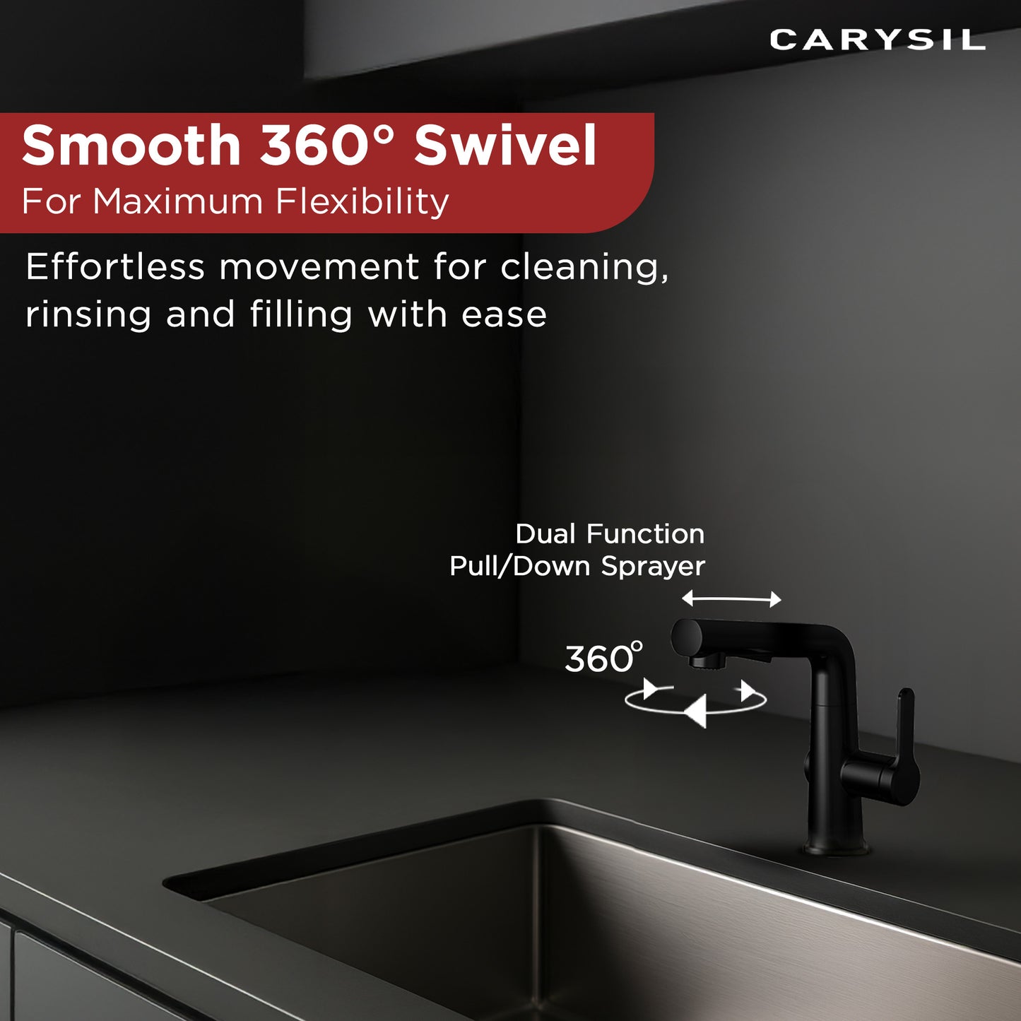 Carysil Alpha 03 Modern Kitchen Faucet with Pull-Out Spray, High Arc with 360-Degree Swivel, Single-Lever Handle for Hot/Cold Water, Matt Black Finish, 5-Year Warranty