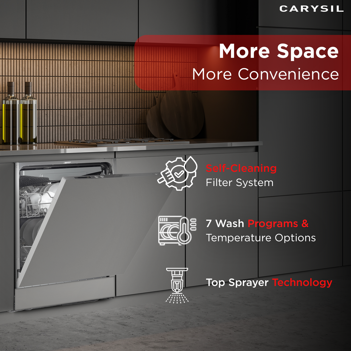 Carysil Fully Built-in Dishwasher DW-01, A++ Energy Class, 14 Place Setting, 7 Wash Programs, Touch Control Display, Water Consumption 10Ltr/cycle, 44 dBA Low Noise Operation, Detergent Automation Sensor, Stainless Steel