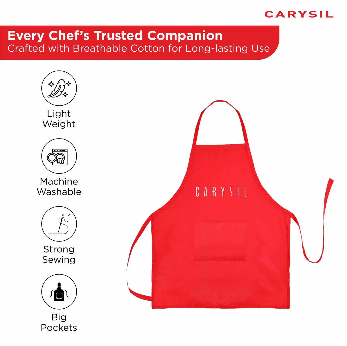 Carysil Premium 100% Cotton Apron with Front Center Pocket & Brand Embroidery, Machine Washable, Unisex Kitchen Apron for Home Use, Red Colour