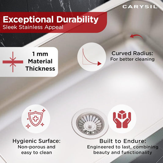 Carysil Elegance ESG Ultra Matt Stainless Steel Kitchen Sink, 30x18x8 inches, Single Bowl Stainless Sink, Noise Reduction Technology, Heat, Scratch & Stain Resistant, Sloping Drains, 304 SS Coupling