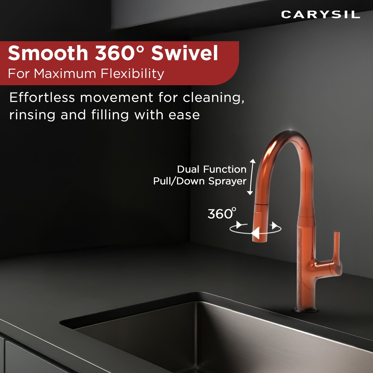 Carysil Alpha 1512 Modern Kitchen Faucet with Pull-Out Spray, High Arc with 360-Degree Swivel, Single-Lever Handle for Hot/Cold Water, Rose Gold Finish, 5-Year Warranty