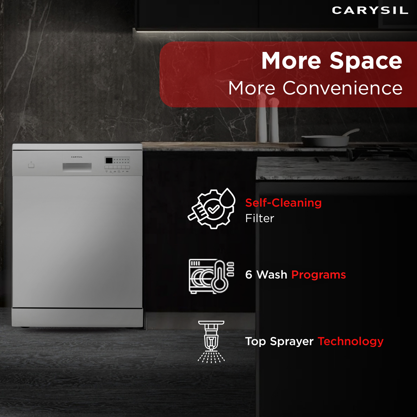 Carysil Free Standing Dishwasher DW-03, A++ Energy Class, 12 Place Setting, 6 Wash Programs, Electric Control Display, Water Consumption 11Ltr/cycle, 49 dBA Low Noise Operation, Detergent Automation Sensor, Child Lock, Stainless Steel