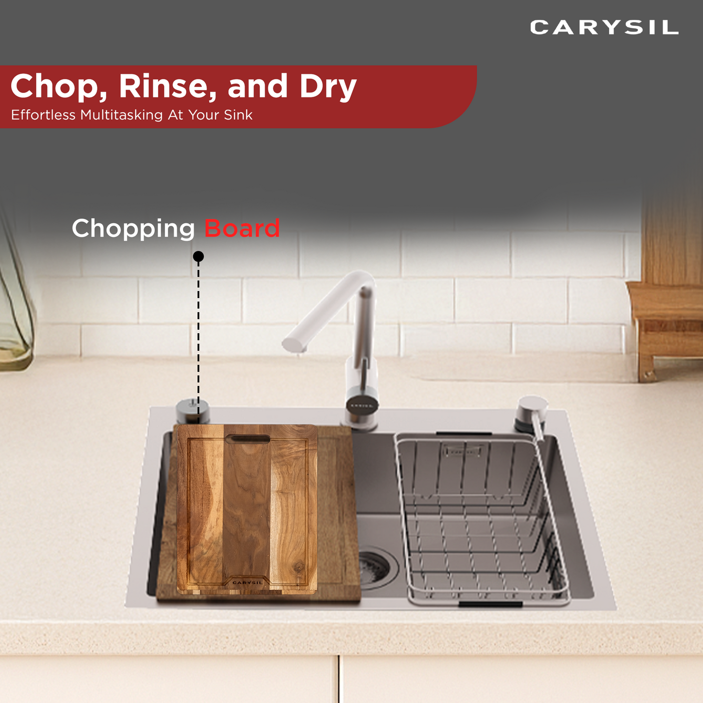 Carysil All-in-one Workstation Sink, 304 Stainless Steel Kitchen Sink with Pull-out Faucet, Soap Dispenser, Chopping Board, Flexible Basket, Colander, 22x20x8 inches, Chrome