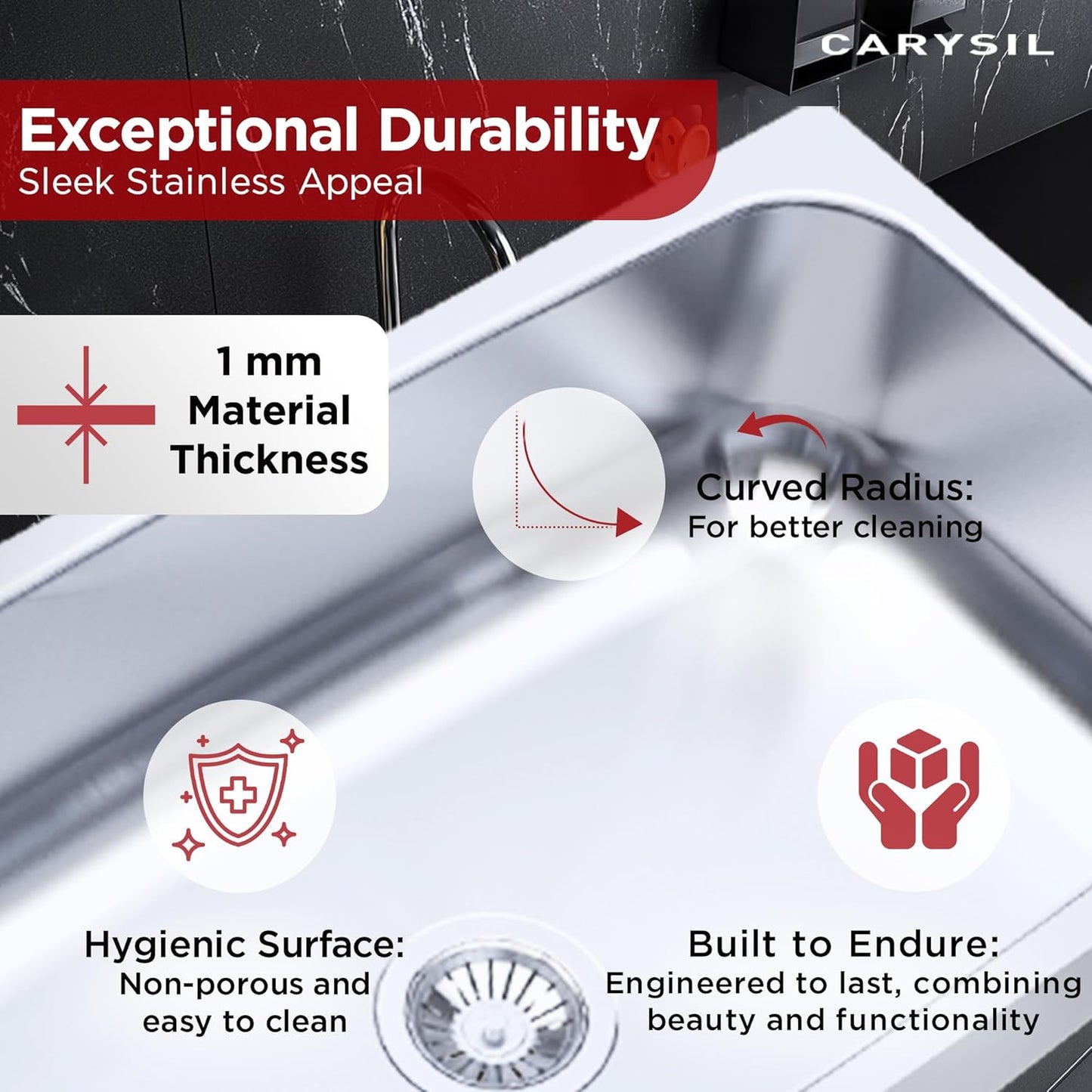 Carysil Elegance Series Single Bowl Kitchen Sink, Stainless Steel Kitchen Sink, 304 Stainless Steel Coupling, Noise Reduction Design, Deep Bowl with Sloping Drain, 20x17x8 inches, Glossy Finish