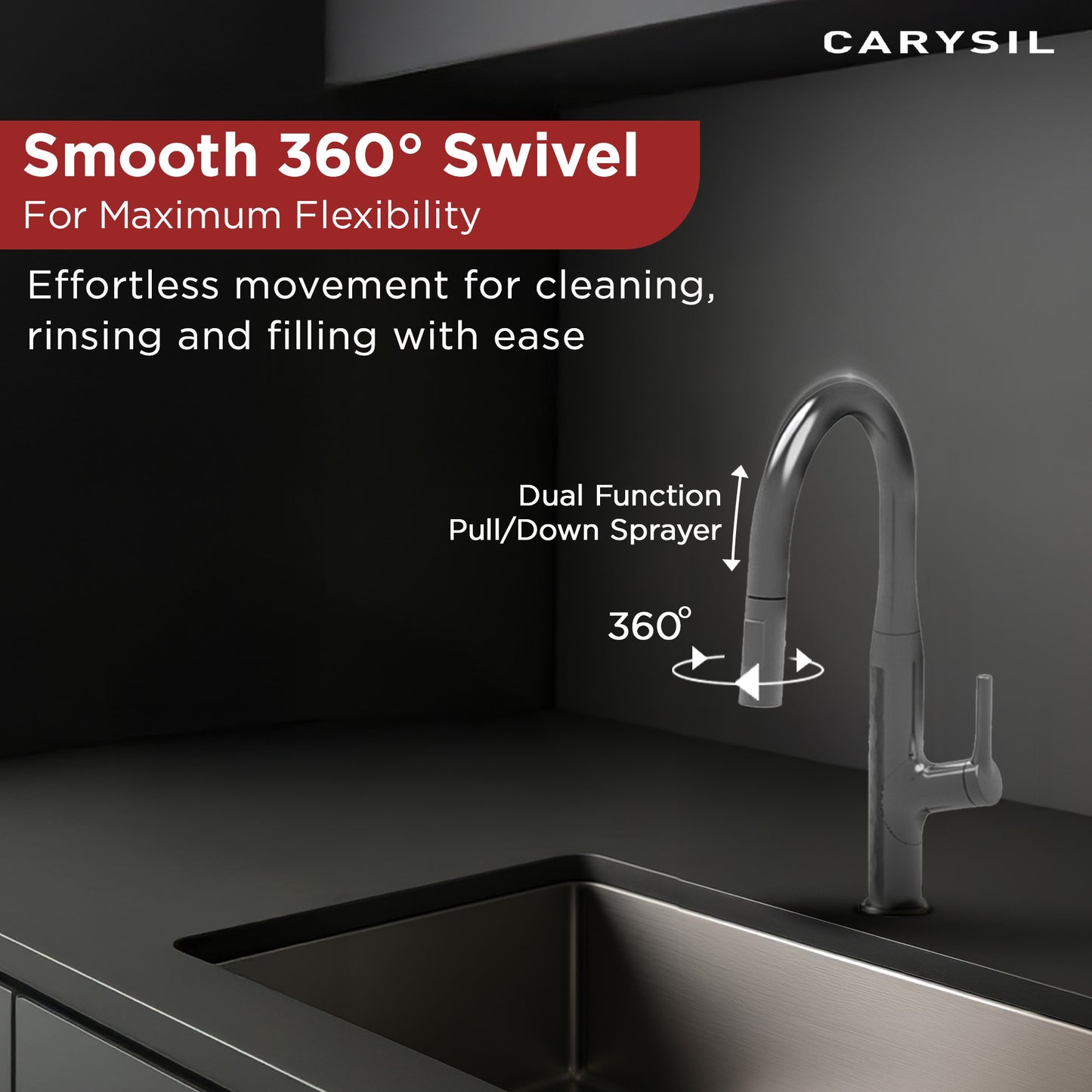 Carysil Alpha 1512 Modern Kitchen Faucet with Pull-Out Spray, High Arc with 360-Degree Swivel, Single-Lever Handle for Hot/Cold Water, Chrome Finish, 5-Year Warranty