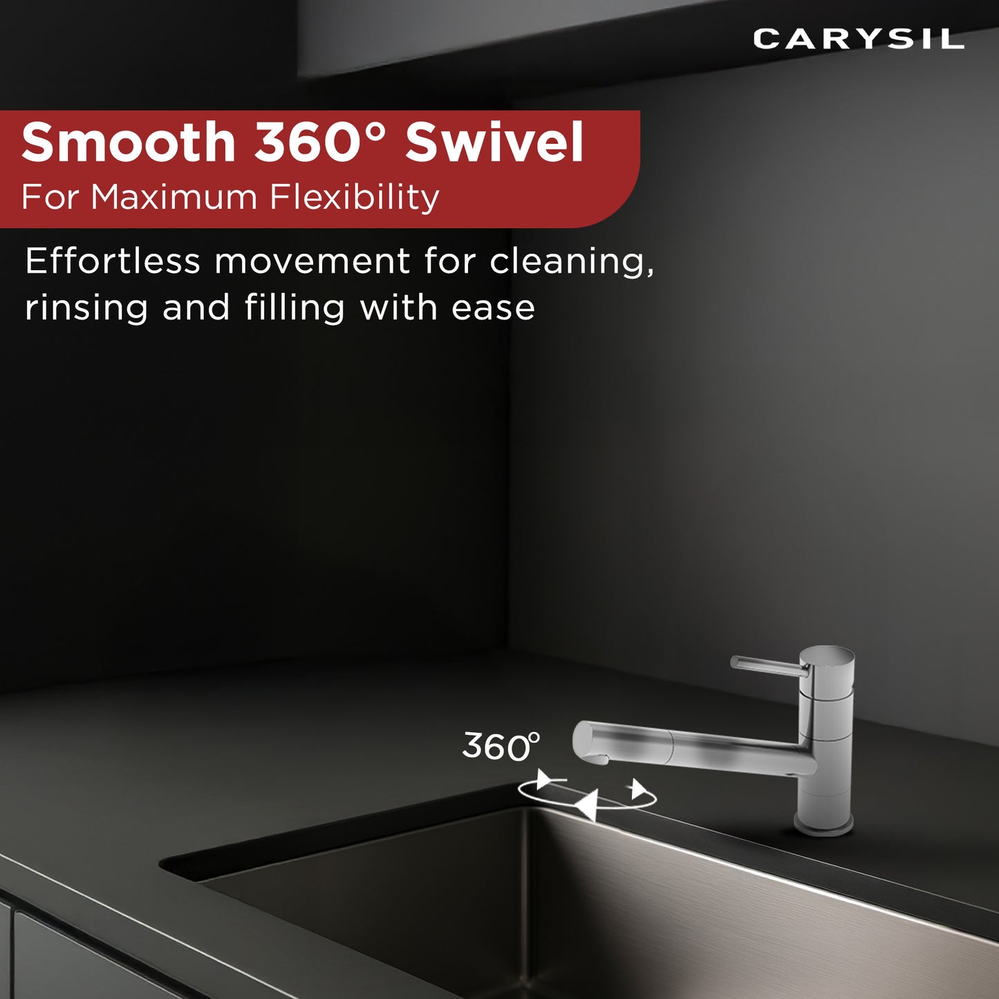 Carysil Alpha 1509 Modern Kitchen Faucet, 360-Degree Swivel Spout, Single-Lever Handle for Hot/Cold Water, Chrome, 5-Year Warranty
