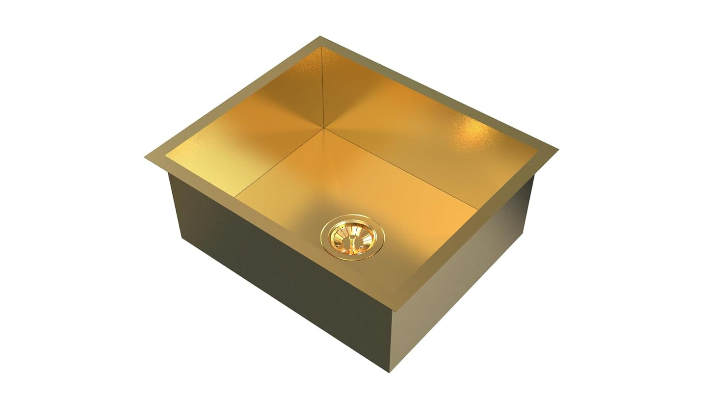 Carysil Classic Quadro N100 PVD Finish Single Bowl Kitchen Sink, Stainless Steel Zero Radius Sink, Deep Bowl, Sloping Drains, Noise Reduction, 304 Coupling, 24x18x8 inches, Yellow Gold