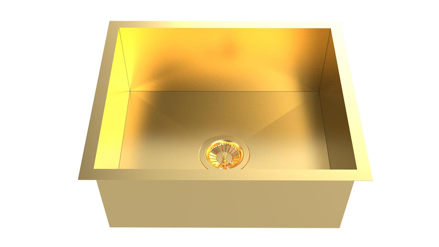 Carysil Classic Quadro N100 PVD Finish Single Bowl Kitchen Sink, Stainless Steel Zero Radius Sink, Deep Bowl, Sloping Drains, Noise Reduction, 304 Coupling, 24x18x8 inches, Yellow Gold
