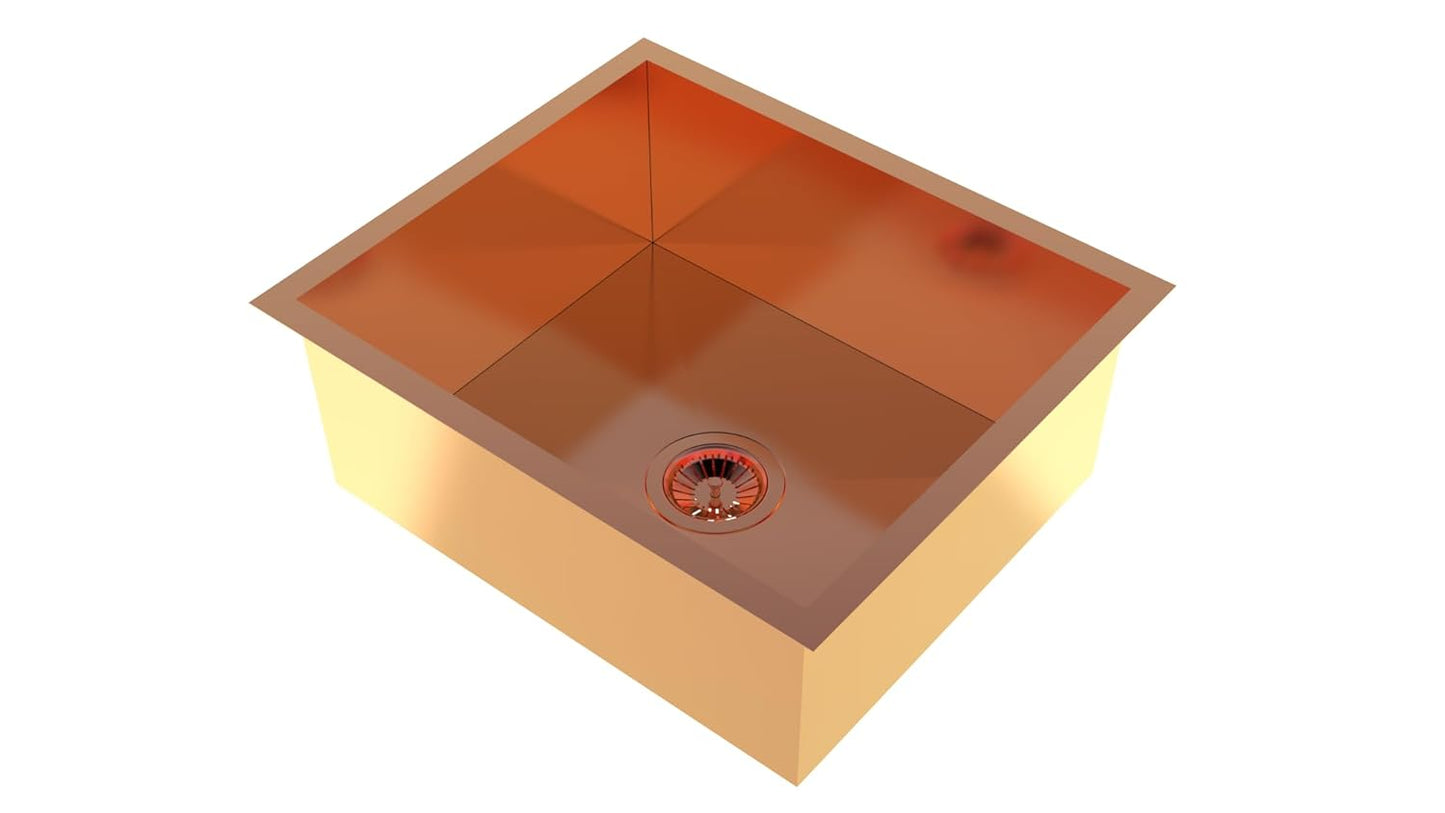 Carysil Classic Quadro N100 PVD Finish Single Bowl Kitchen Sink, Stainless Steel Zero Radius Sink, Deep Bowl, Sloping Drains, Noise Reduction, 304 Coupling, 24x18x8 inches, Rose Gold
