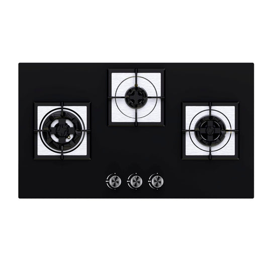Carysil Brazzo 78cm Built-in Hob, 3 Brass Burner, Square Pan Support, Battery Ignition, Metal Knob, 8mm Black Tempered Glass, Stainless Steel