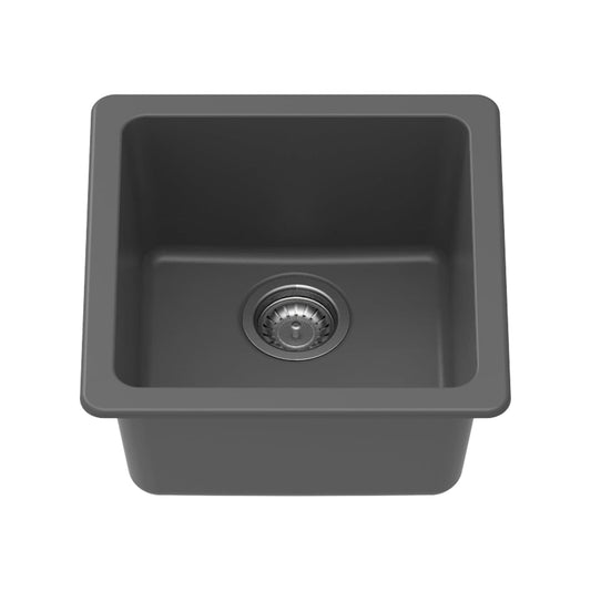 Carysil Quartz Neo Salsa Single Bowl Kitchen Sink, Real Stone Finish, 304 Stainless Steel Coupling, Kitchen Sink with Sloping Drain, Noise Reduction Design, 17x17x8 inches, Basalt Grey