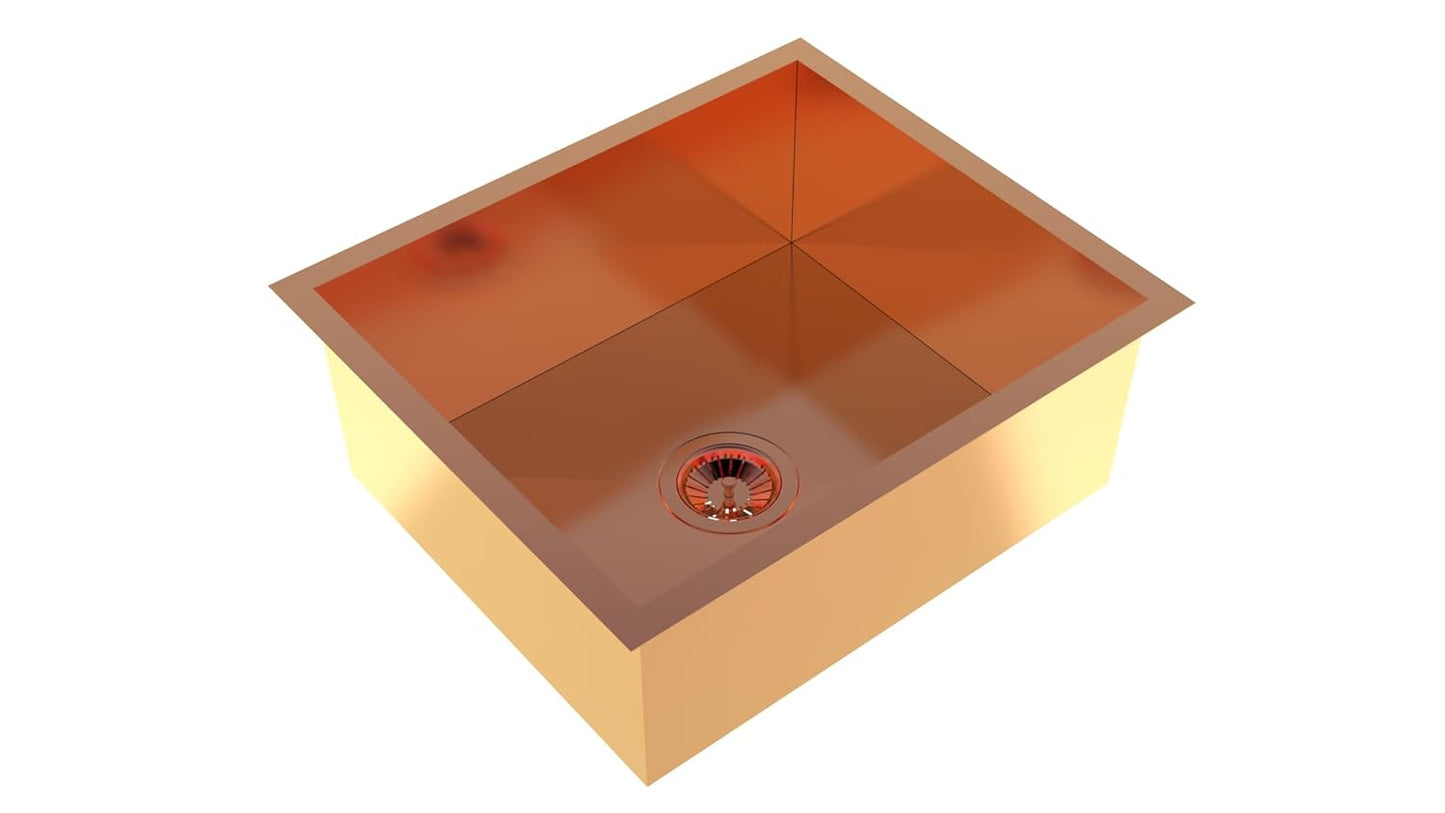 Carysil Classic Quadro N100 PVD Finish Single Bowl Kitchen Sink, Stainless Steel Zero Radius Sink, Deep Bowl, Sloping Drains, Noise Reduction, 304 Coupling, 24x18x8 inches, Rose Gold