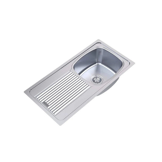 Carysil Vogue Series Single Bowl Kitchen Sink with Drain Board, Stainless Steel Kitchen Sink, 304 Stainless Steel Coupling, Easy to Clean, Deep Bowl with Sloping Drain, 36x18x8 inches, Glossy Finish