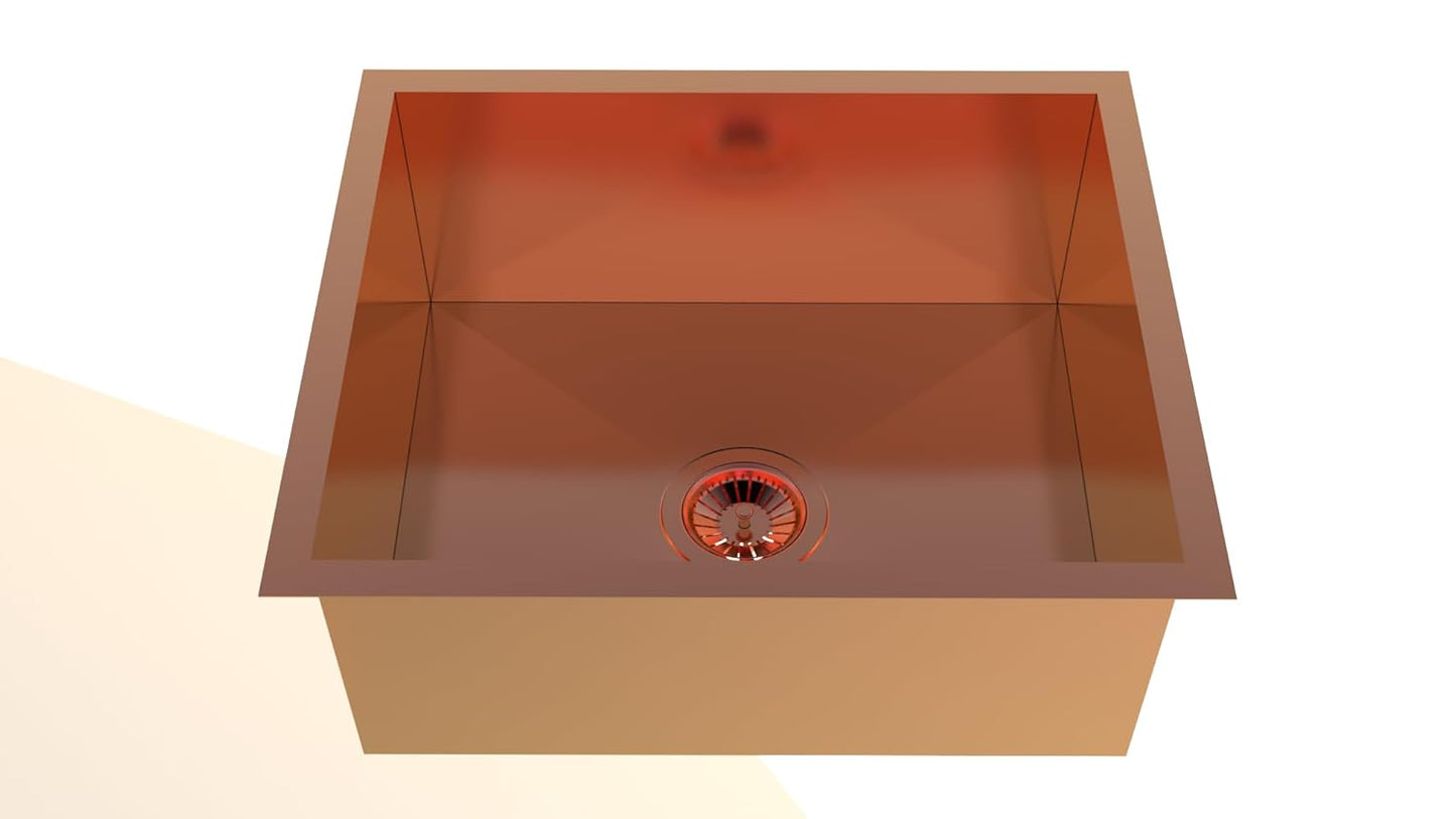 Carysil Classic Quadro N100 PVD Finish Single Bowl Kitchen Sink, Stainless Steel Zero Radius Sink, Deep Bowl, Sloping Drains, Noise Reduction, 304 Coupling, 24x18x8 inches, Rose Gold