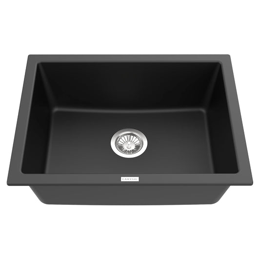 Carysil Quartz Titanium Max Plus Series Single Bowl Kitchen Sink, Real Stone Finish, 304 Stainless Steel Coupling, Kitchen Sink with Sloping Drain, Noise Reduction Design, 24x18x8 inches, Nera