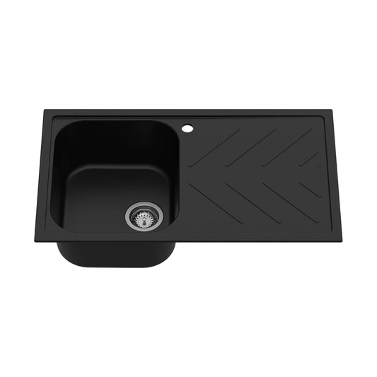 Carysil Quartz New Beethoven D 100 Single Bowl Kitchen Sink with Drainboard, Real Stone Finish, 304 Stainless Steel Coupling, Kitchen Sink with Sloping Drain, Noise Reduction Design, 34x20x8 inches, Pearl Black