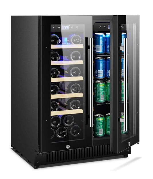 Carysil 54-Bottle Wine Chiller & Soft Drink Cooler, Capacity of 20 Wine Bottles & 75 Cans, Free Standing, Dual Cooling Zone (3°C-12°C White Wine & 12°C-20°C Red Wine), Adjustable Wooden Shelves with Toughened Glass Door, LED Display, Ideal for Home