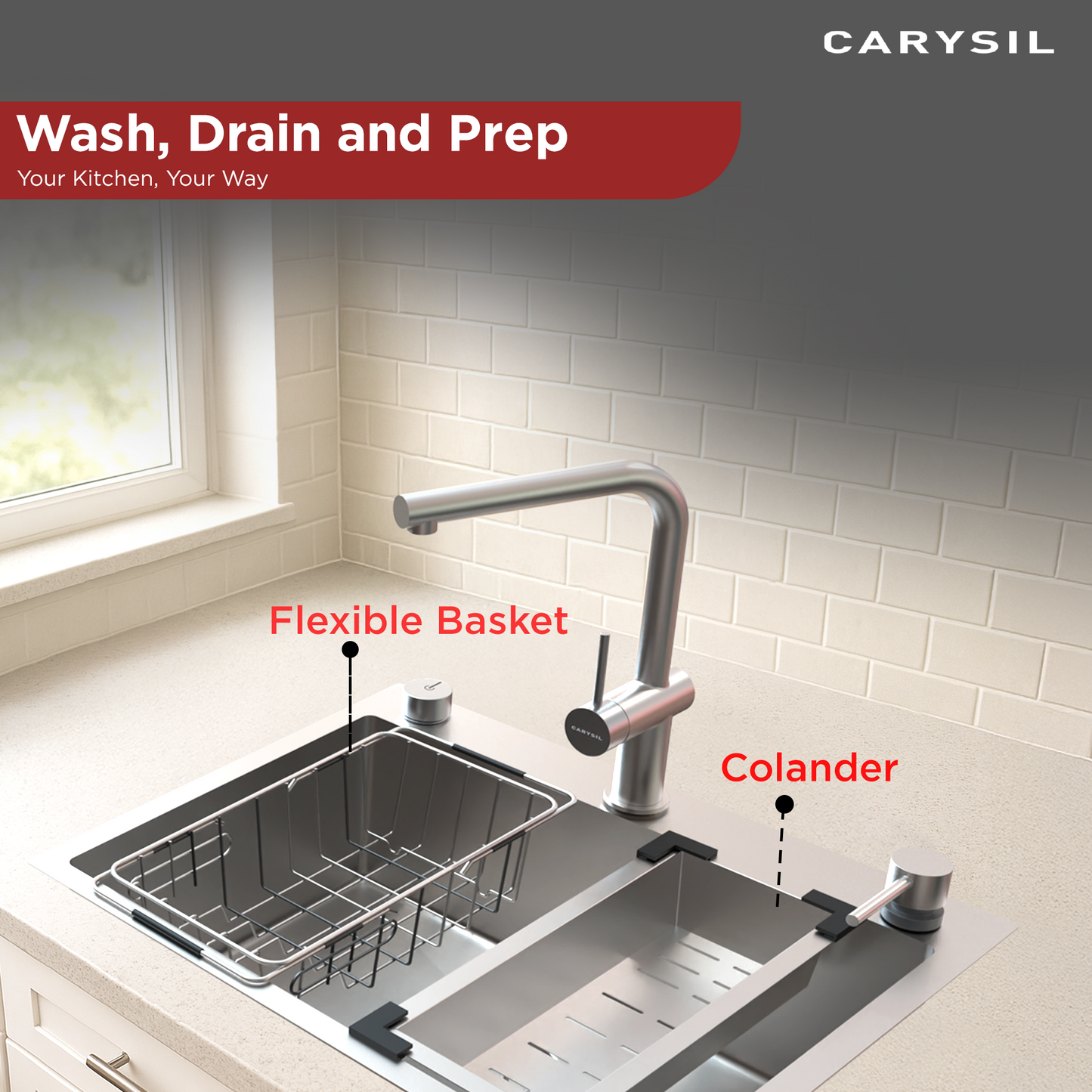 Carysil All-in-one Workstation Sink, 304 Stainless Steel Kitchen Sink with Pull-out Faucet, Soap Dispenser, Chopping Board, Flexible Basket, Colander, 22x20x8 inches, Chrome