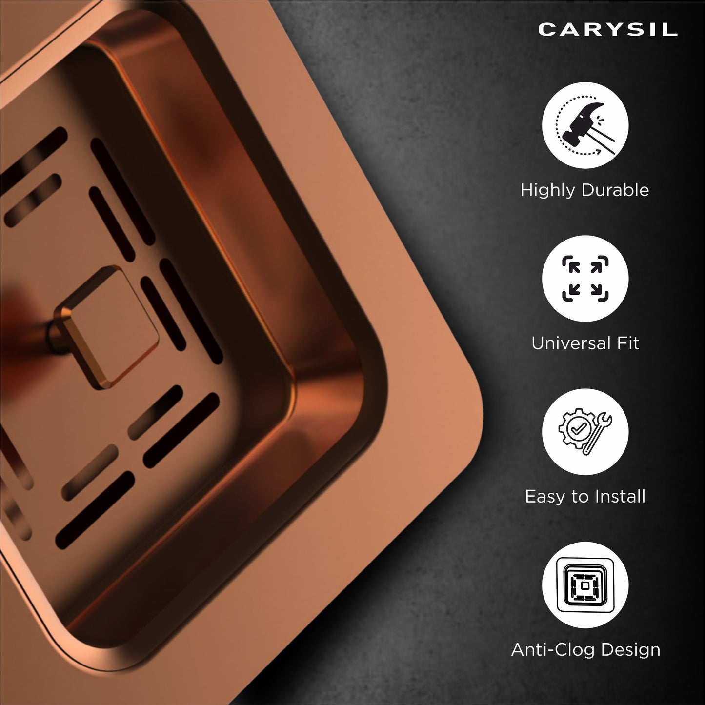 Carysil 304 Grade Stainless Steel Square Waste Coupling with Removable Waste Strainer Assembly, Corrosion-Resistant, Efficient Drainage System - Rose Gold PVD Finish
