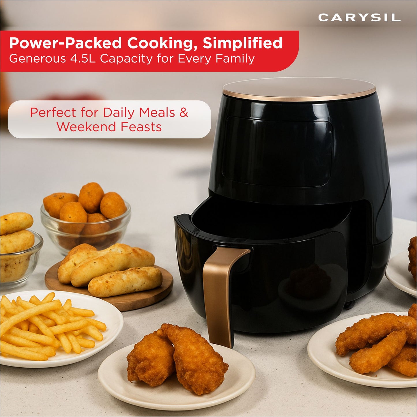 Carysil Air Fryer 4.5L Capacity, Oil-Free Touch Panel Fryer for Healthy Cooking, Fast Frying, Perfect Addition for any Modern Kitchen, Sleek Black Design