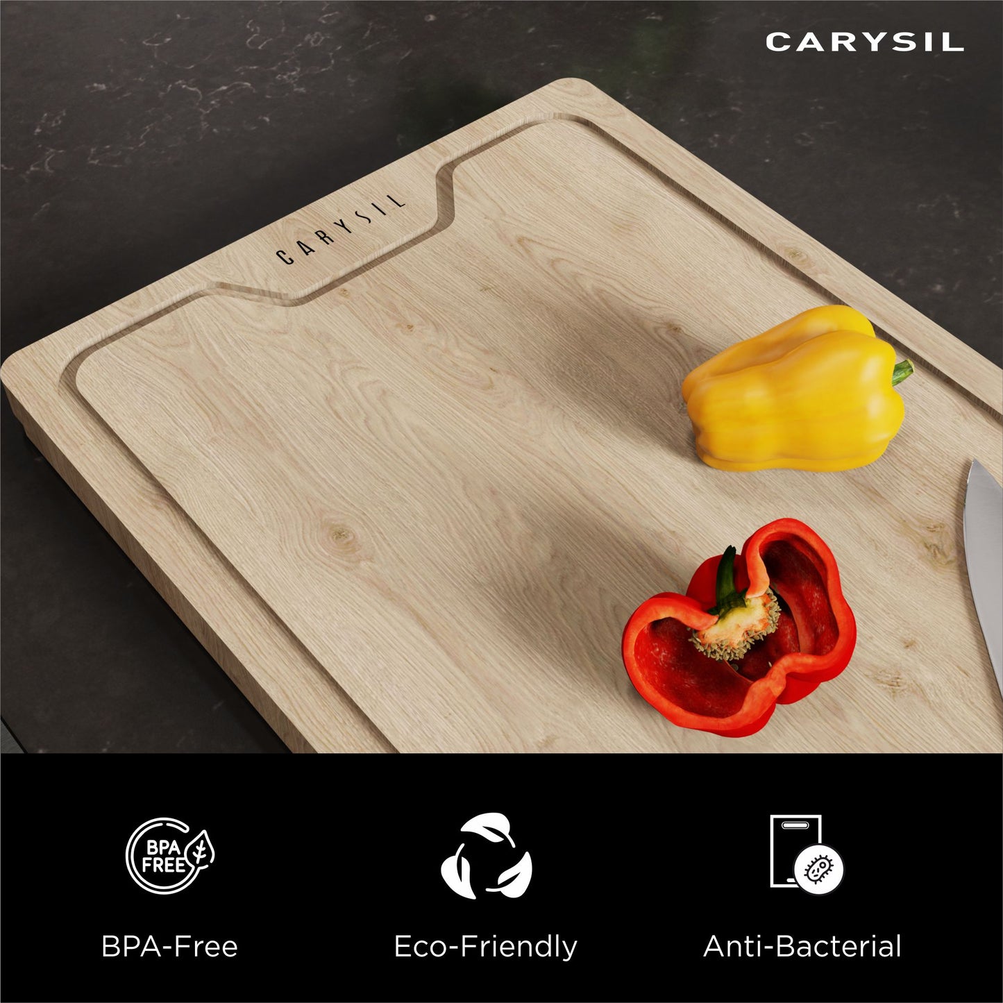 Carysil Chopping Board for Kitchen, Solid Teak Wood with 20mm Thickness, Heavy-Duty Cutting Board for Vegetables, Fruits, Cheese & Meats, Non-Slip, BPA-Free, Eco-Friendly & Anti-Bacterial Surface