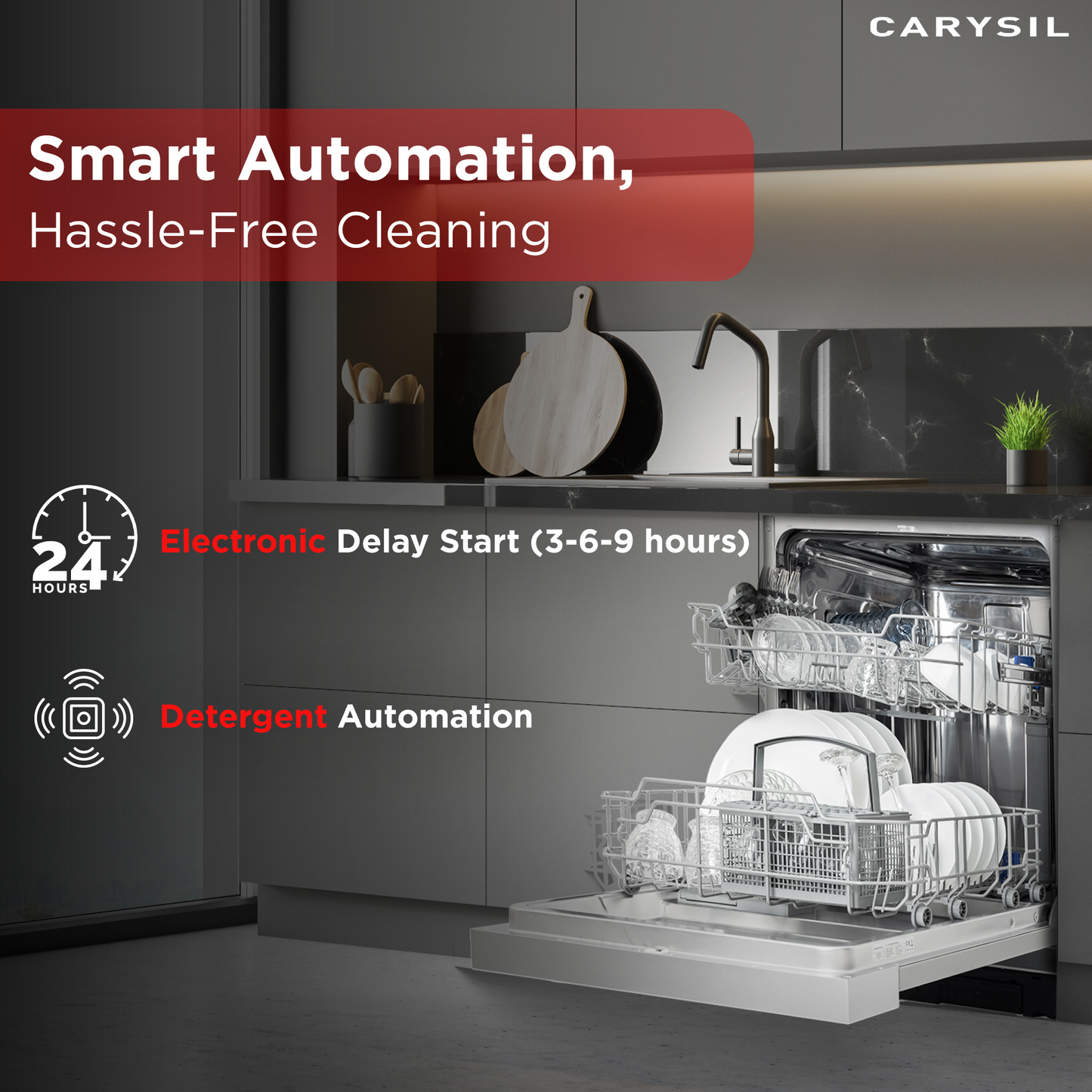 Carysil Semi Built-in Dishwasher DW-02, A++ Energy Class, 12 Place Setting, 6 Wash Programs, Touch Control Display, Water Consumption 11Ltr/cycle, 49 dB Low Noise Operation, Detergent Automation Sensor, Stainless Steel
