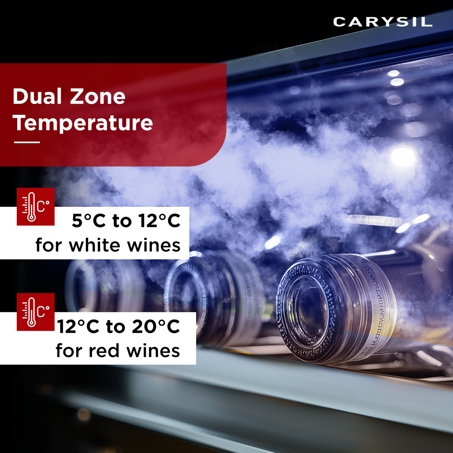Carysil 46-Bottle Wine Chiller, Free Standing, Dual Cooling Zone (5°C-12°C White Wine & 12°C-20°C Red Wine),  Adjustable Wooden Shelves with Toughened Glass Door, LED Display, Ideal for Home