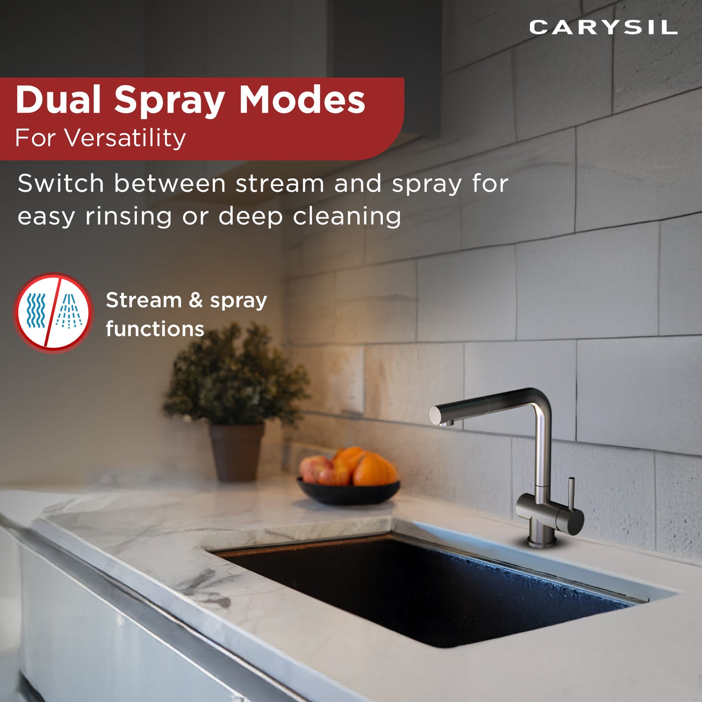 Carysil Alpha 2202 Modern Kitchen Faucet with Pull-Out Spray, High Arc with 360-Degree Swivel Spout, Single-Lever Handle for Hot/Cold Water, Chrome, 5-Year Warranty