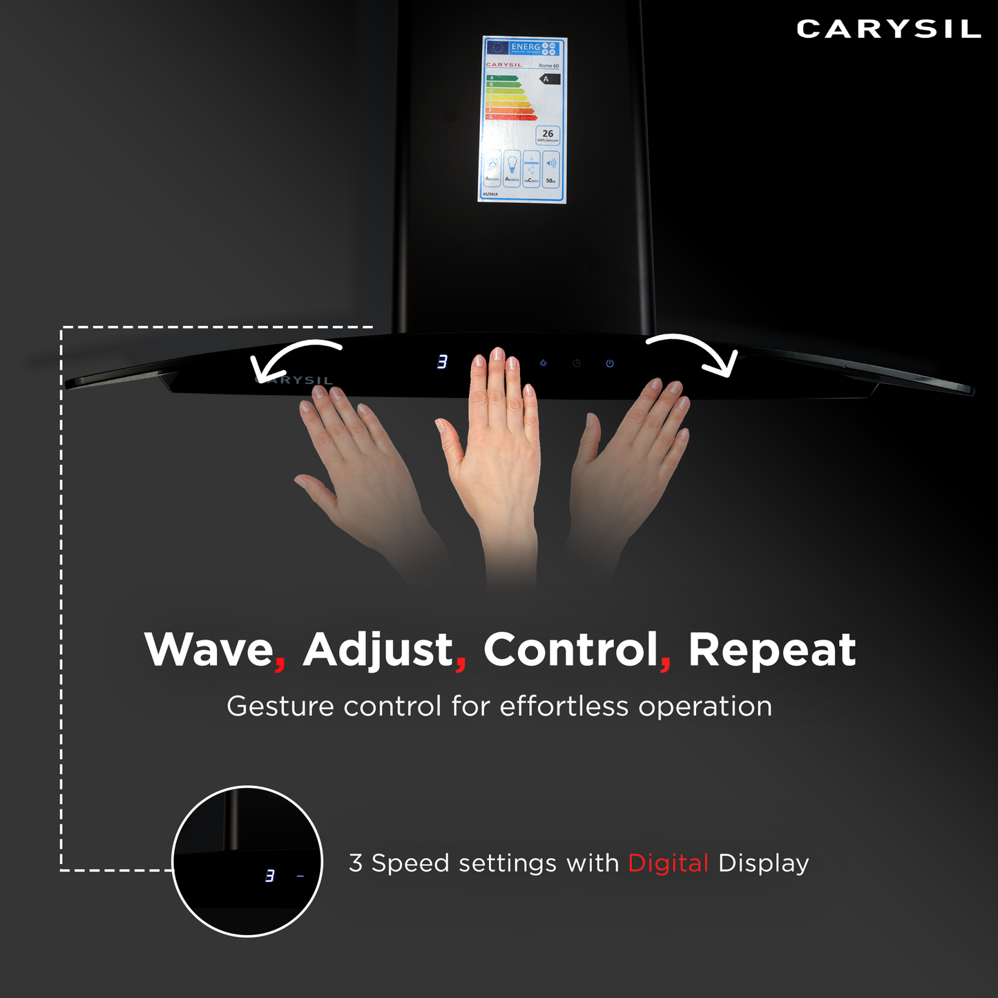 Carysil Rome 90 cm Kitchen Chimney, Curved Shape, 1100 m³/hr Suction Capacity, Filterless, BLDC Silent Motor, A-Energy Class, 3-Speed Touch Control, LED Lamp, Lifetime Warranty