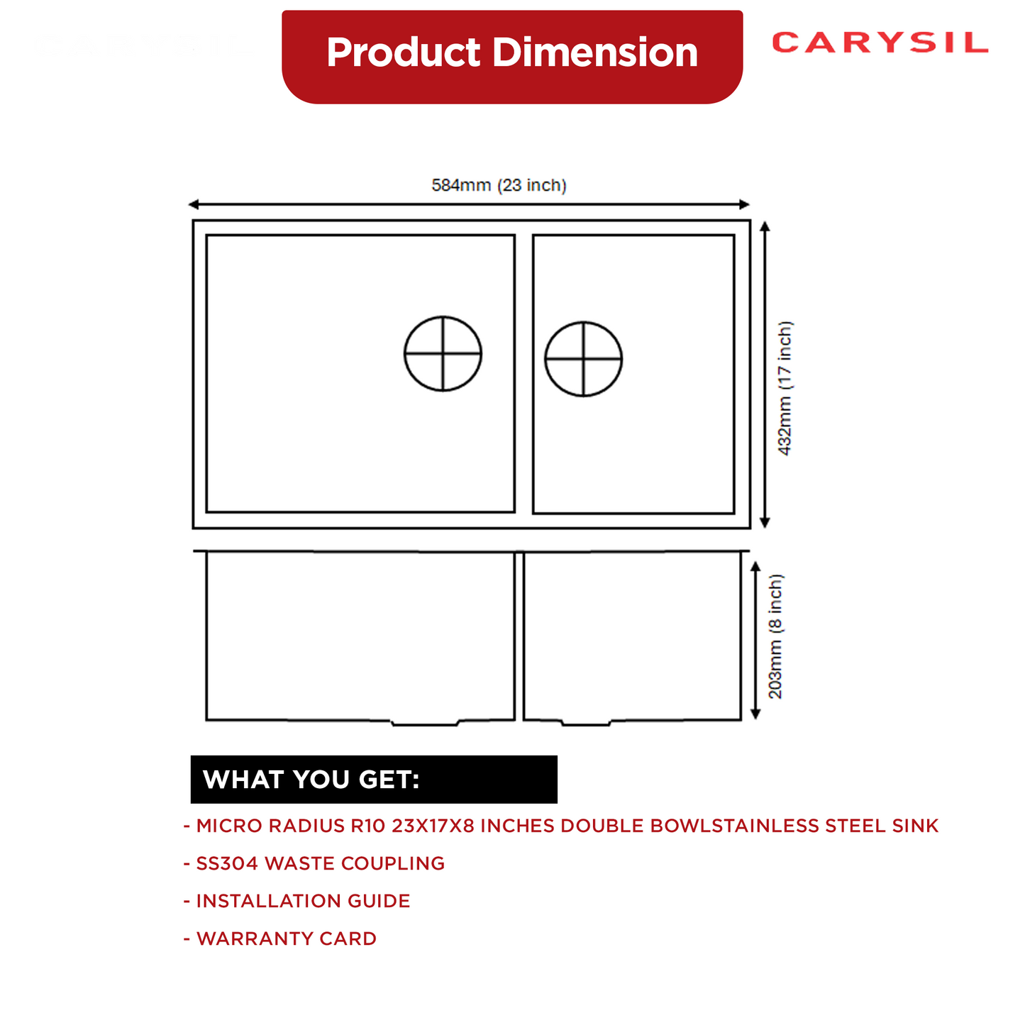 Carysil Micro Radius R10 Series Double Bowl Kitchen Sink, Stainless Steel Kitchen Sink, 10mm Corner Radius, 304 Stainless Steel Coupling, Noise Reduction Design, Deep Bowl with Sloping Drain, 23x17x8 inches, Satin Finish