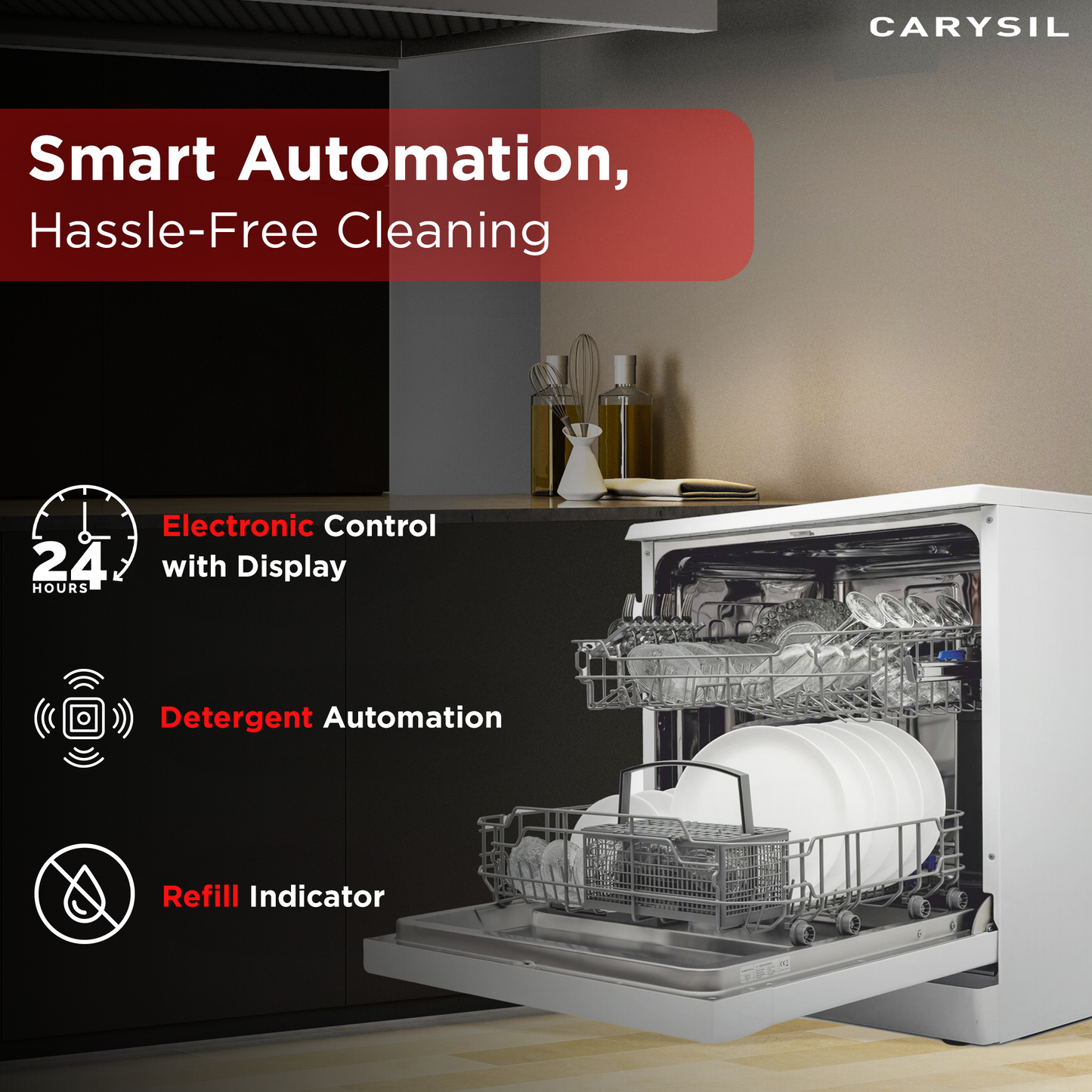 Carysil Free Standing Dishwasher DW-03, A++ Energy Class, 12 Place Setting, 6 Wash Programs, Electric Control Display, Water Consumption 11Ltr/cycle, 49 dBA Low Noise Operation, Detergent Automation Sensor, Child Lock, Stainless Steel