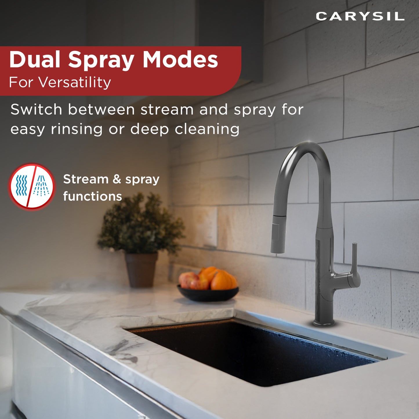 Carysil Alpha 1512 Modern Kitchen Faucet with Pull-Out Spray, High Arc with 360-Degree Swivel, Single-Lever Handle for Hot/Cold Water, Chrome Finish, 5-Year Warranty