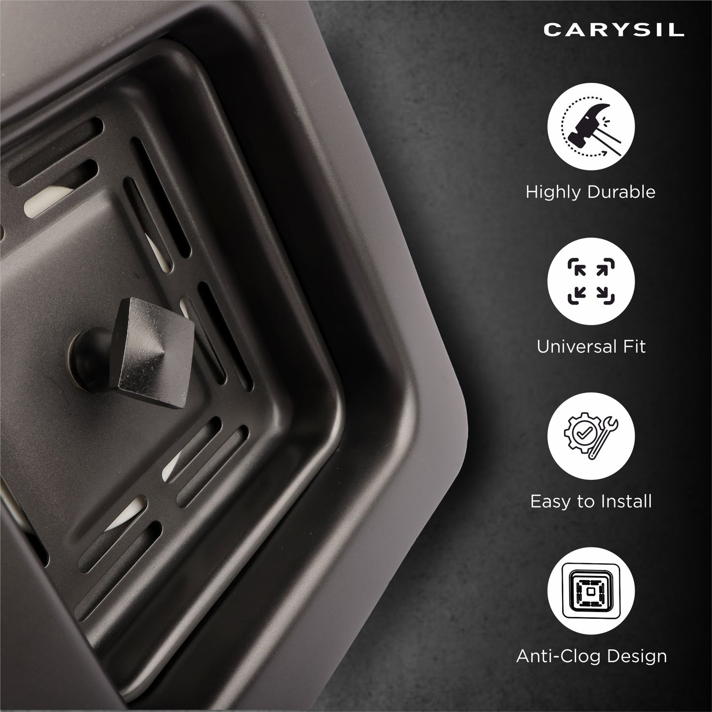 Carysil Square Waste Coupling for Kitchen Sink, Premium 304-grade Stainless Steel Coupling, Removable Waste Strainer for Kitchen Sink, Rust-free, Corrosion-Resistant, Matt Black PVD Finish