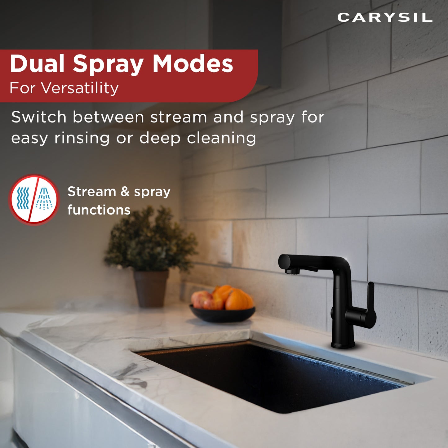 Carysil Alpha 03 Modern Kitchen Faucet with Pull-Out Spray, High Arc with 360-Degree Swivel, Single-Lever Handle for Hot/Cold Water, Matt Black Finish, 5-Year Warranty