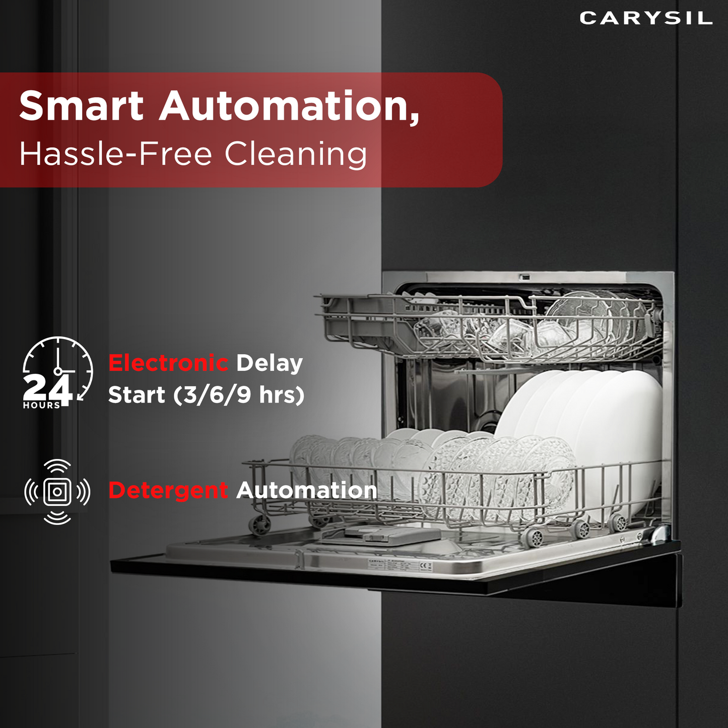 Carysil Free Standing Dishwasher DW-04, A+ Energy Class, 8 Place Setting, 6 Wash Programs, Electronic Control Display, Water Consumption 8Ltr/cycle, 49 dBA Low Noise Operation, Detergent Automation Sensor, Stainless Steel