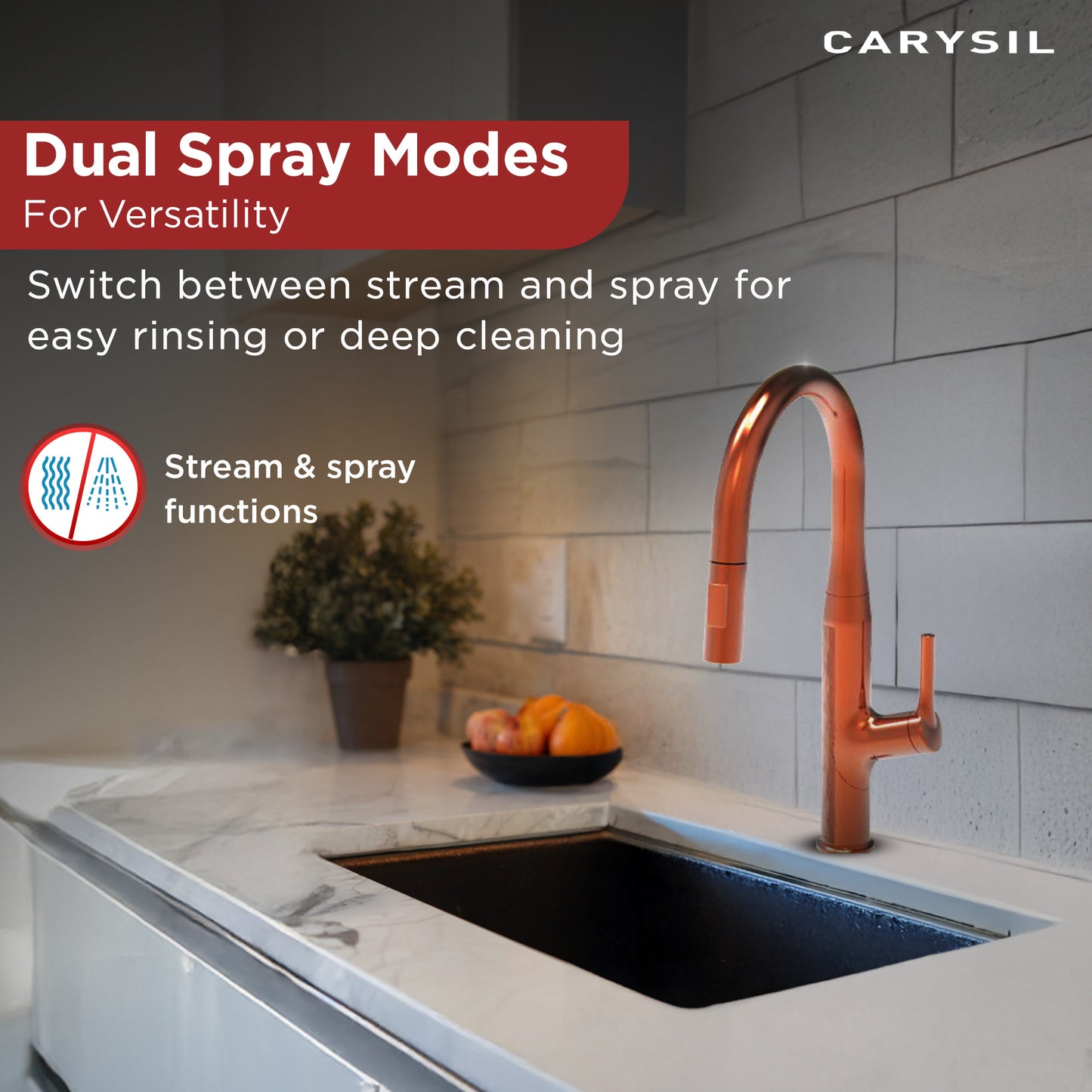 Carysil Alpha 1512 Modern Kitchen Faucet with Pull-Out Spray, High Arc with 360-Degree Swivel, Single-Lever Handle for Hot/Cold Water, Rose Gold Finish, 5-Year Warranty