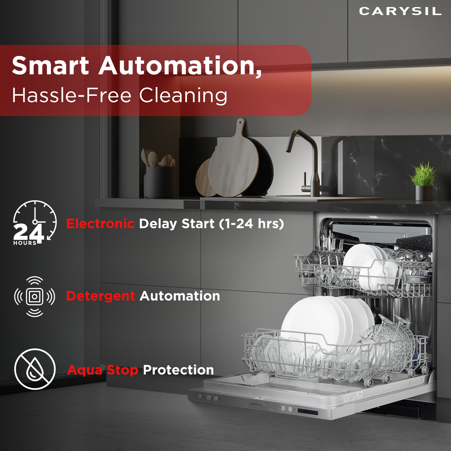 Carysil Fully Built-in Dishwasher DW-01, A++ Energy Class, 14 Place Setting, 7 Wash Programs, Touch Control Display, Water Consumption 10Ltr/cycle, 44 dBA Low Noise Operation, Detergent Automation Sensor, Stainless Steel