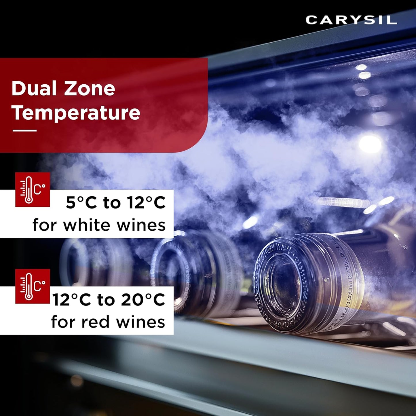 Carysil 165-Bottle Wine Chiller, Free Standing, Dual Cooling Zone (5°C-12°C White Wine & 12°C-20°C Red Wine), Adjustable Wooden Shelves with Toughened Glass Door, LED Display