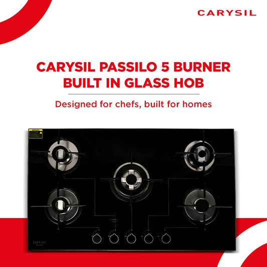 Carysil Passilo 90cm Built-in Hob, 5 Brass Burners, Round Cast Iron Pan Support, Electric Ignition, Metal Knob, 8mm Black Toughened Glass, Stainless Steel