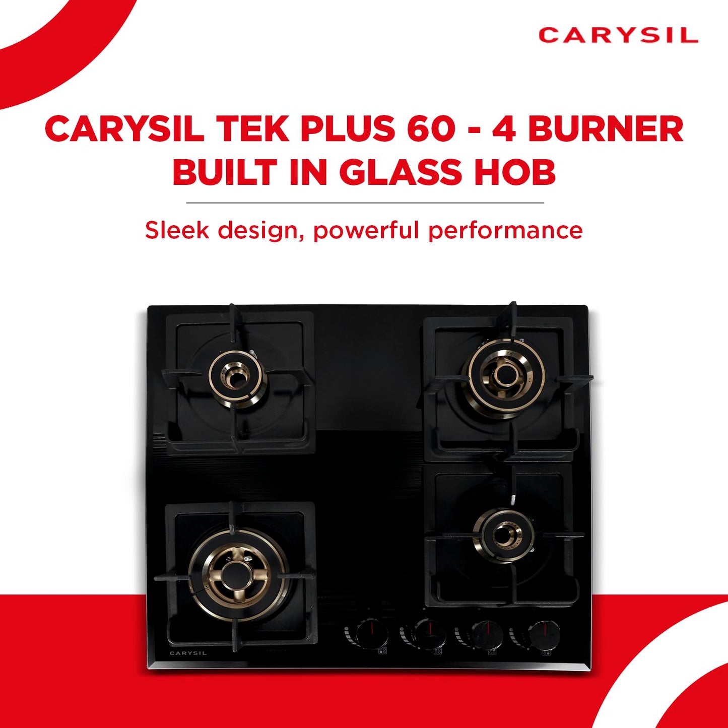 Carysil Tek Plus 60cm Built-in Hob, 4 Brass Burner, Square Cast Iron Pan Support, Flame Failure Device, Battery Ignition, Designer Metal Knob, 8mm Black Tempered Glass, Stainless Steel