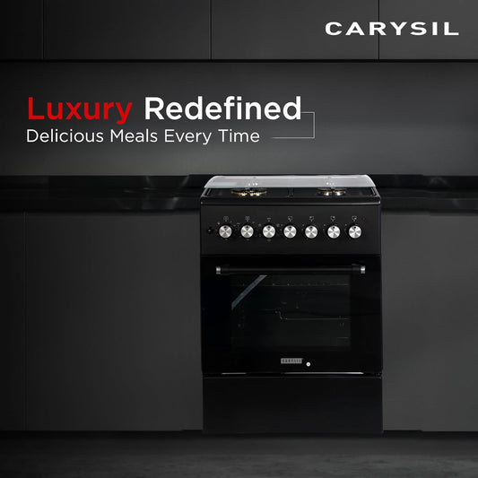 Carysil Free-Standing Cooking Range FSCR-04, 62L Electric Oven, 4 High-Power Italian SABAF Burners, Cast Iron Support, Digital Timer, Cooking, Baking, Grilling & Roasting, Stainless Steel Body, Black