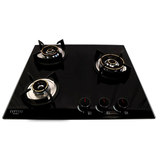 Carysil Pro 75cm Built-in Glass Hob, 3 Brass Burners, Round Cast Iron Pan Support, Battery Ignition, Metal Knob, 8mm Black Tempered Glass, Stainless Steel