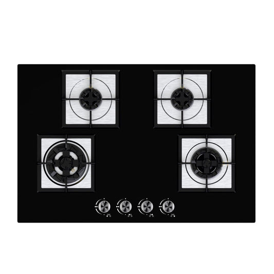Carysil Brazzo 78cm Built-in Hob, 4 Brass Burner, Square Pan Support, Battery Ignition, Metal Knob, 8mm Black Tempered Glass, Stainless Steel