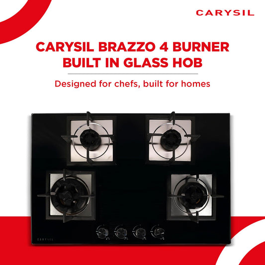 Carysil Brazzo 78cm Built-in Hob, 4 Brass Burner, Square Pan Support, Battery Ignition, Metal Knob, 8mm Black Tempered Glass, Stainless Steel