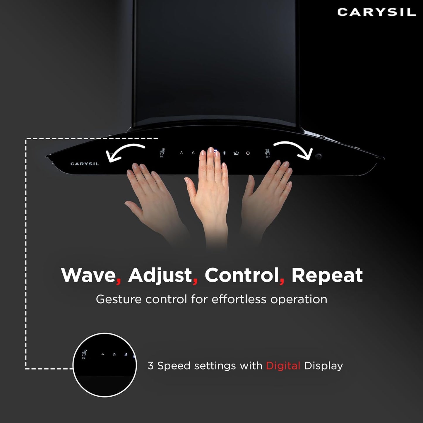 Carysil Kia FL 90 cm Kitchen Chimney, Curved Shape, 1400 m³/hr Suction Capacity, Filterless, Heat Auto Clean, 3-Speed Motion Sensor, Oil Collector, LED Lamp, 7-year Motor Warranty