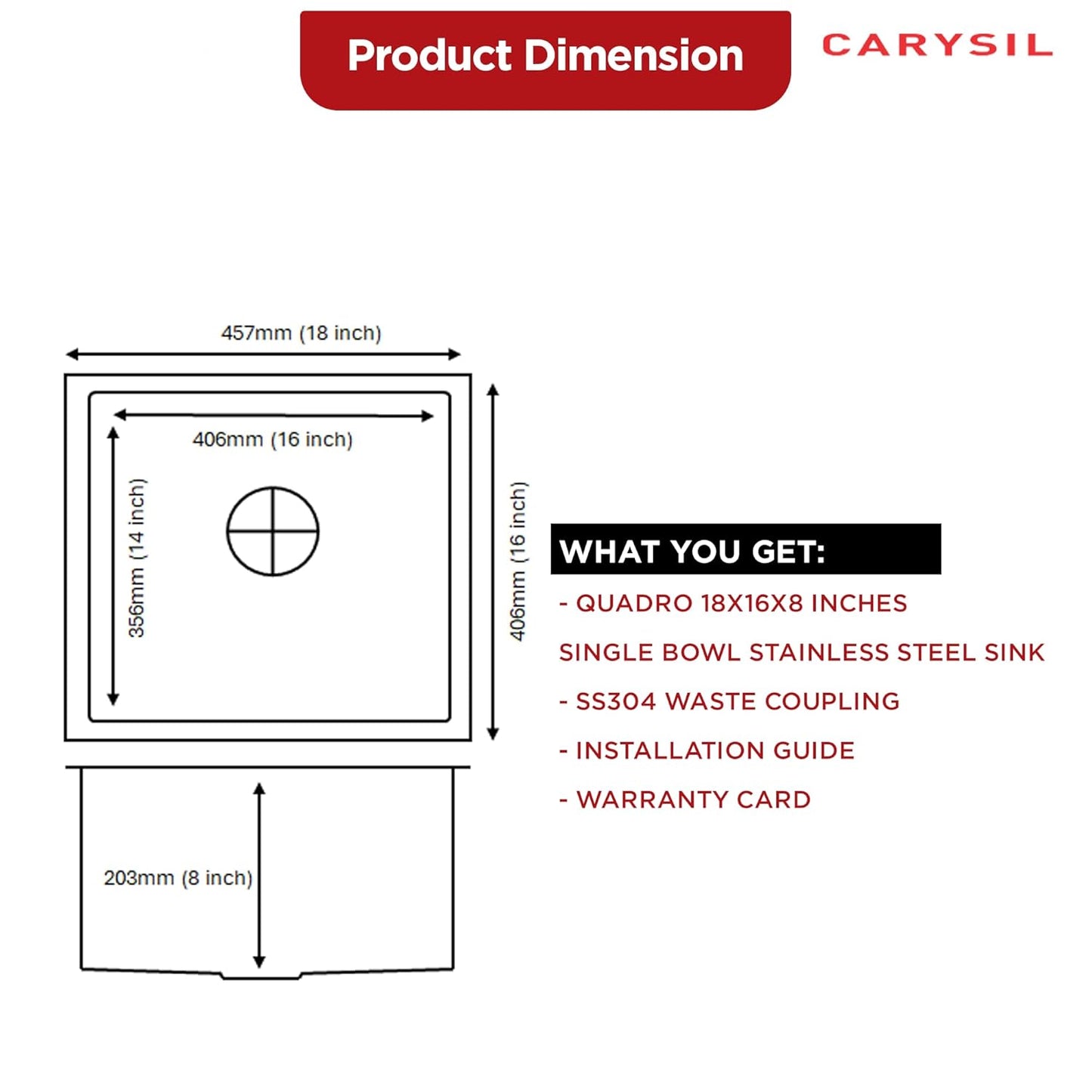 Carysil Quadro Series Zero Radius Single Bowl Kitchen Sink, Stainless Steel Kitchen Sink, 304 Coupling, Noise Reduction Design, Deep Bowl with Sloping Drain, 18x16x8 inches, Satin Finish